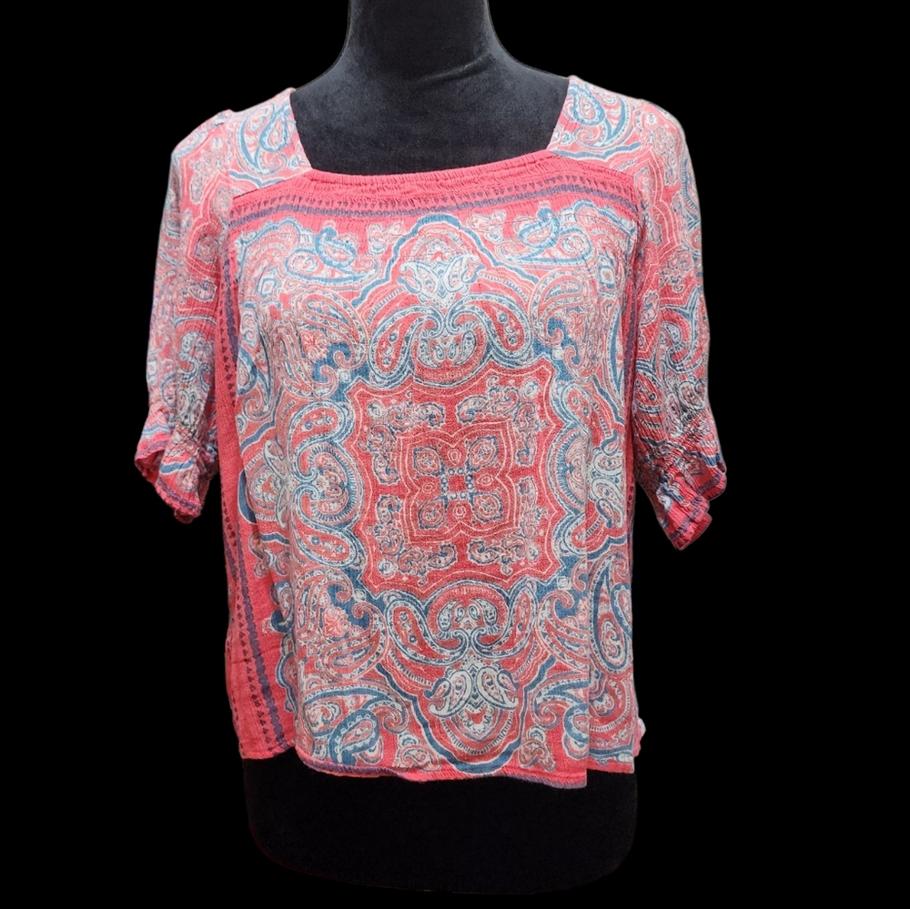 Women's Boho Paisley  Print Smock Top - Pink and Blue